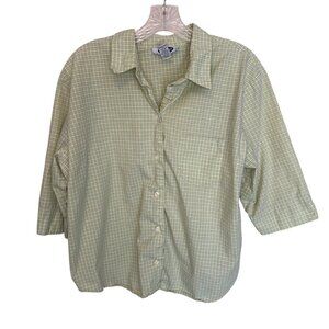 Old Navy Womens Yellow & Blue Plaid Button-Up Shirt XL 100% Cotton 3/4 Sleeve